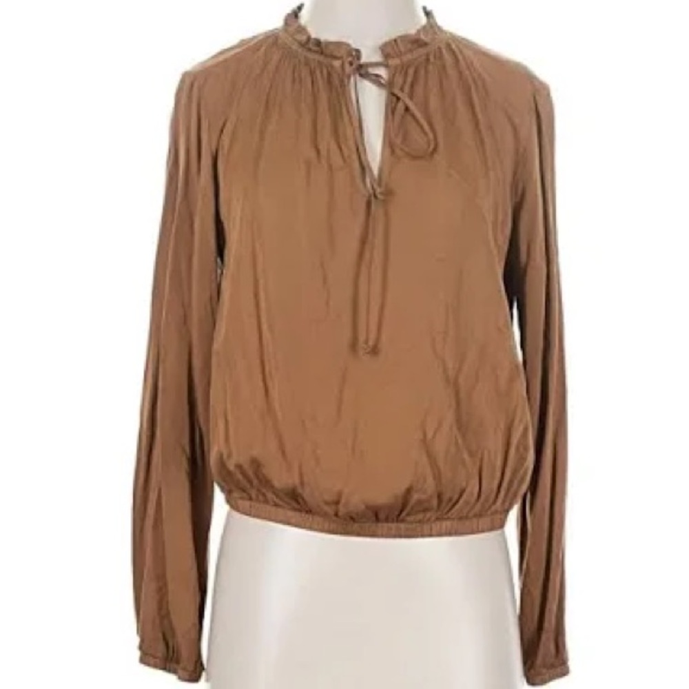 Anthropologie cloth & stone Olive-Brown Long Sleeve Tie-Neck Blouse